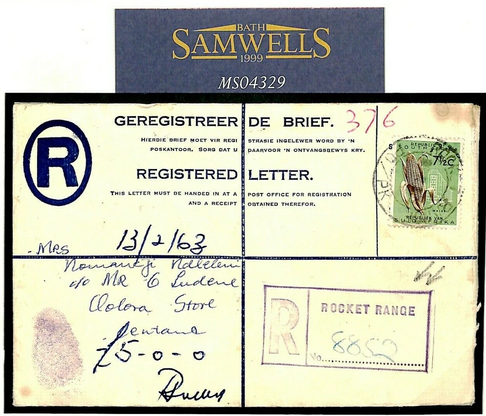 SOUTH AFRICA MILITARY Rare *Rocket Range* REGISTERED Cover 1963 Kentani MS4329 - Image 2 of 4