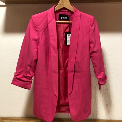 Damen Pieces Jacke 3/4 Arm Blazer mit Raffung am Ärmel offen pink B22120002