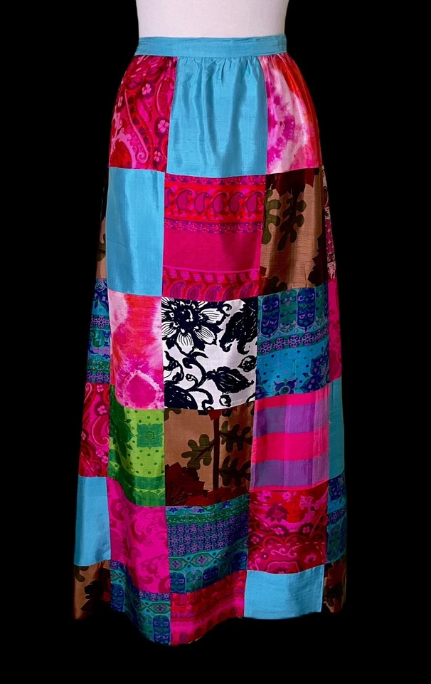 Falda de diseñador vintage con retazos de seda tailandesa I MAGNIN años 60 70 GABRIELLE FOUELL S M Foto 2 de 4