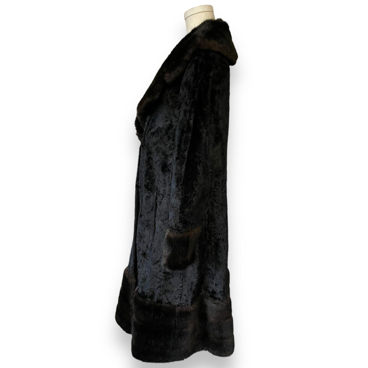 Vintage 60s Rosewin Black Penny Lane Brown Faux Fur Coat Mid
