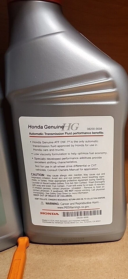 Fluido de transmissão automática Honda Acura 3-QTS ATF DW-1 original do fabricante 08200-9008 - Imagem 2 de 2
