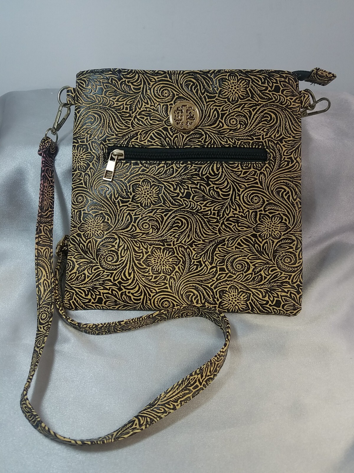 Crossbody Bag Purse Faux Leather Tan & Brown with Embossed Floral Design Small-image
