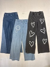 Lot Of 3 H M Girls Wide Leg Pull on Denim Pants Size 14 11-12y Hearts Smiley