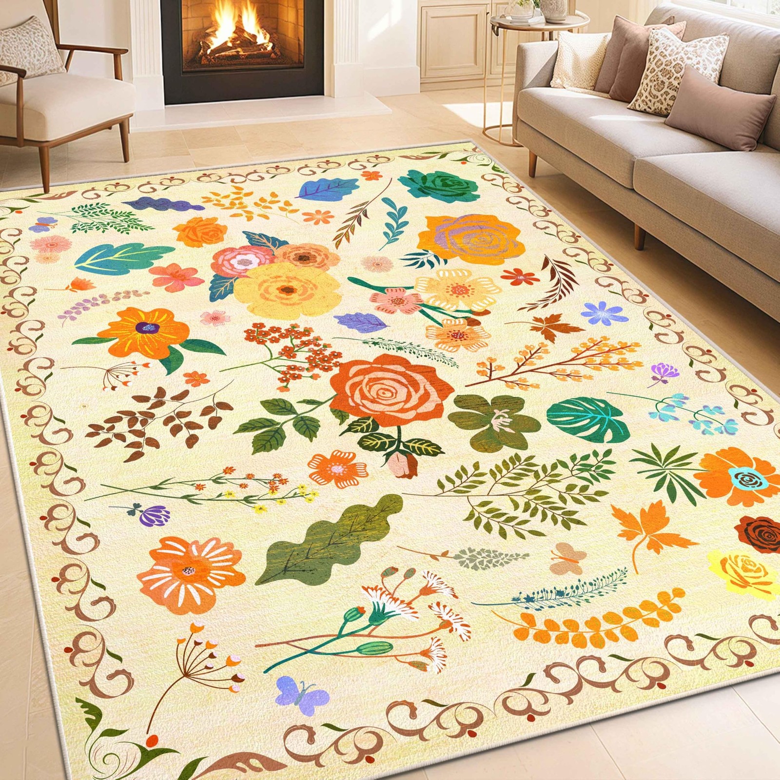 Floral 2x3 Area Rug, Machine Washable Soft Print Boho Carpet, Non Slip Low Pi...