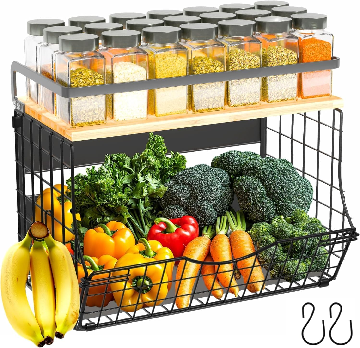 Magnetic Shelf for Fridge with Wood Lid, Fruit Potato and Onion Storage Bins, Ki