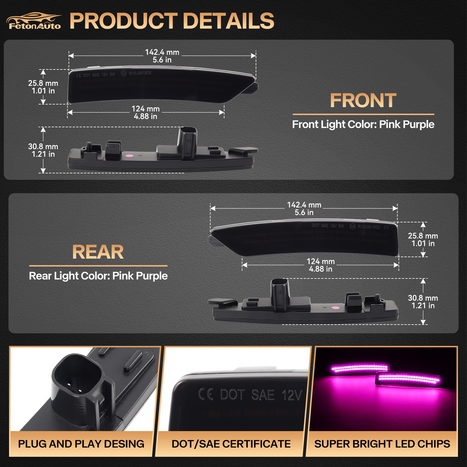 For 2024-2025 Ford Mustang 4PCS Front & Rear Bumper Fender LED Side Marker Light