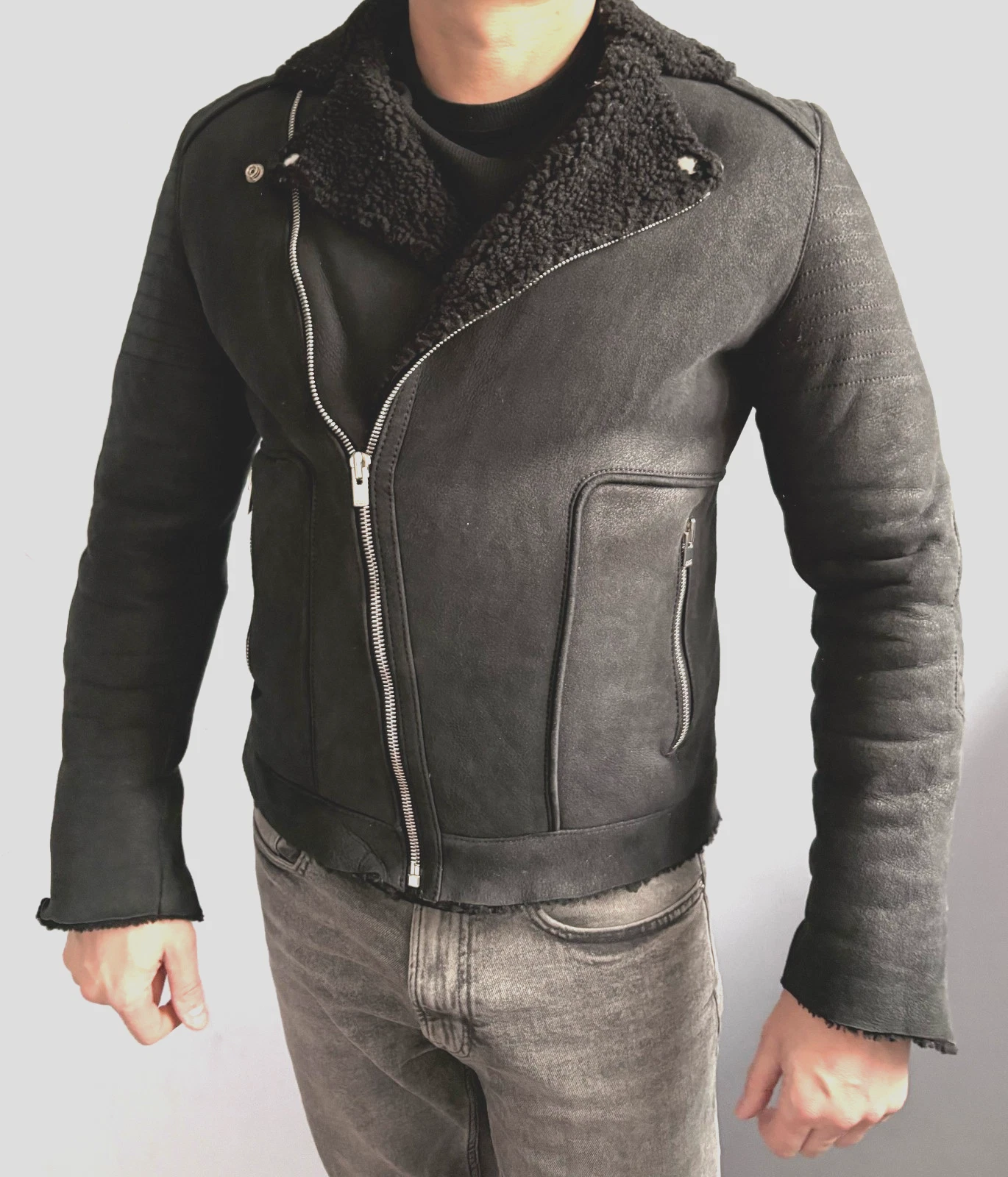 The Kooples shearling leather motorcycle biker jacket - product detail image 1
