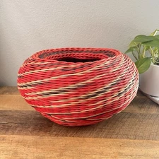 1970s Hand-Coiled Decorative Basket by Lois Anne - Red & Natural Fiber Folk Art