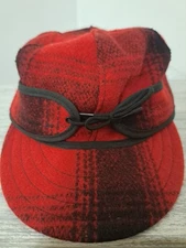 Vintage Stormy Kromer Wool Red Black Plaid Wool Trapper Cap Hat  Size 7 1/8 USA