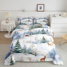 Winter Deer Comforter Set King Size,Christmas Snow Pine Quilt Set 3pcs,Kids B...