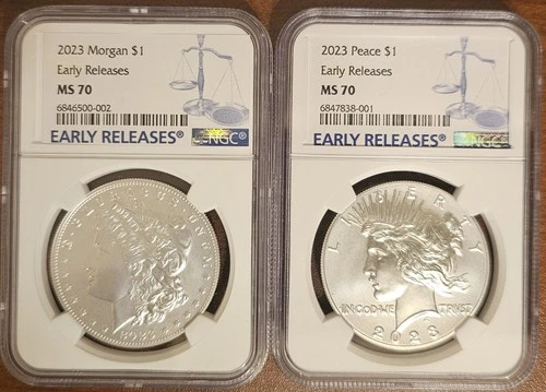2023 $1 Morgan and Peace Silver Dollar 2pc Set NGC MS70 ER Blue Label