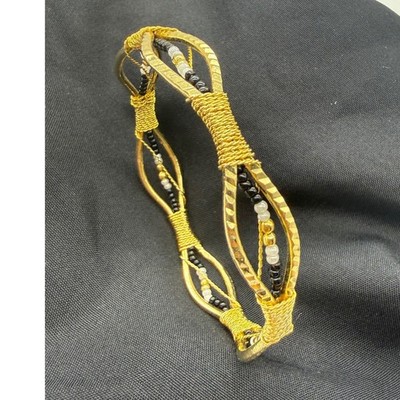 Artisan Gold Tone Wire Wrapped Beaded Bangle Bracelet Black White Gold Beads