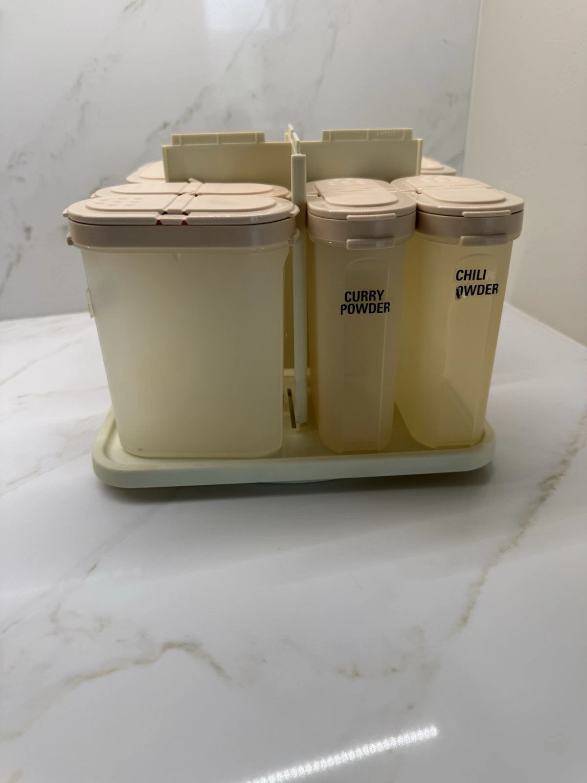 Vintage Tupperware Carousel Spice Jar Rack Set 8 Beige Plastic Rotating Cylinder
