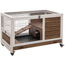 PawHut Wood Indoor Rabbit Hutch Elevated 2-Floor Guineas Pigs Cage w/ Wheels