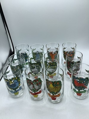 Vintage 12 Days of Christmas Glass Tumblers Set 12 Holiday Glasses