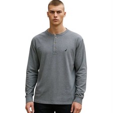 Nautica Gray Henley Sleep Shirt Mens Size Small Long Sleeve Lounge Wear Casual