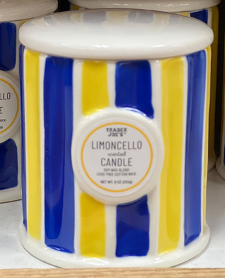   Trader Joe's Limoncello Scented Candle 9oz Blue Yellow Ceramic Jar NEW