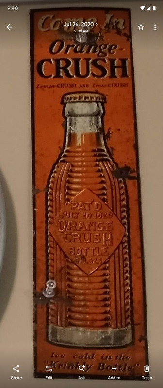 Orange Crush Soda Advertising Sign "Come In and Try Orange Crush" Bottle