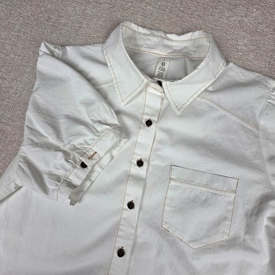 B. Young White Puff Sleeve Western Button Down Shirt Contrast Stitch Large