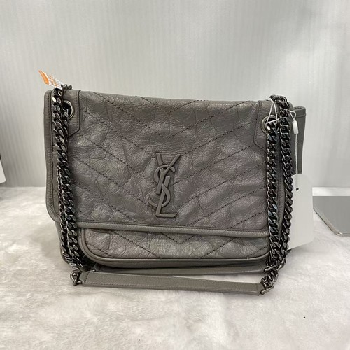 YSL Saint Laurent Niki Medium Grey Crinkled Leather Chain Crossbody Bag Auth