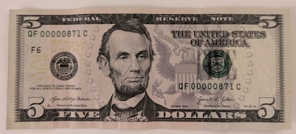 LOW Serial Number $5 Five Dollar Bill (QF00000871C) - Image 2 of 3