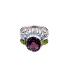 Sterling Silver Womens Amethyst Green Peridot Ring Intricate Design Size 7