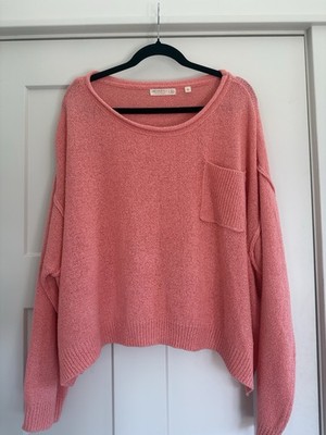 Uncharted Threads  Coral Pink Solid Knit Pullover Sweater Scoop Neck Pocket L