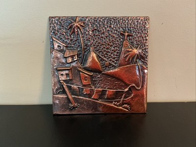 Vintage Hammered Copper Raised Relief Small Village Palm Trees 6 x6 