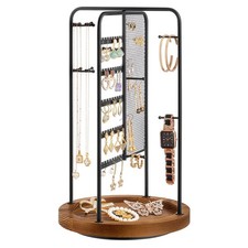 360  Rotating Jewelry Holder 4 Types Organizers Metal Frame Hook and Wooden Tray