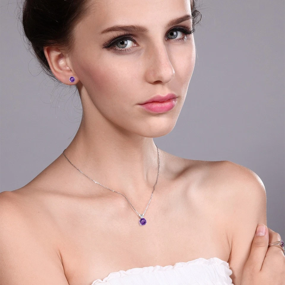 Juego de joyas pendientes colgantes de amatista de oro blanco de 14K para mujer | 1,35 Cttw | Foto 2 de 3
