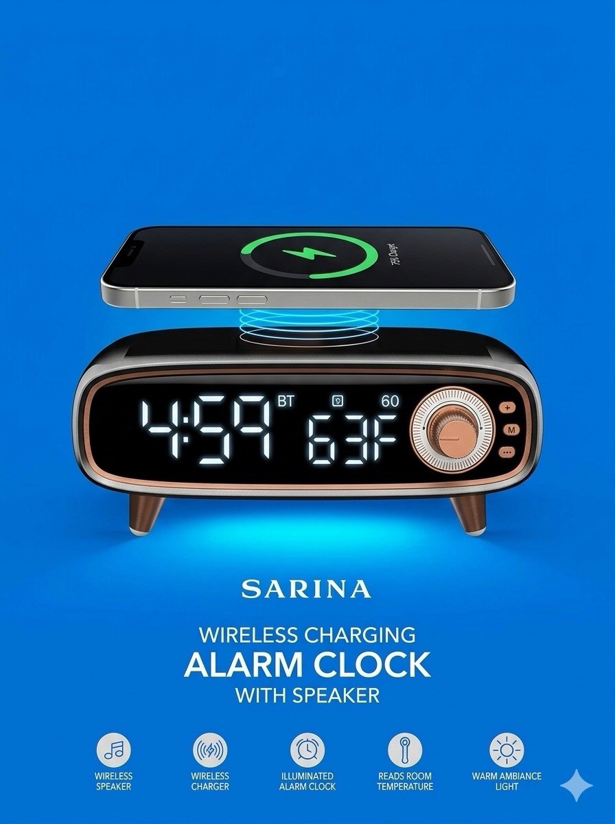 Wireless Charging Alarm Clock With Speaker Bluetooth Room Temperature Night Ligh