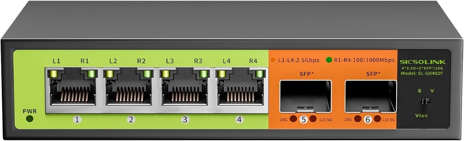 SICSOLINK 6-Port Multi-Gigabit Switch | 4x 2.5GbE + 2x 10GbE SFP+