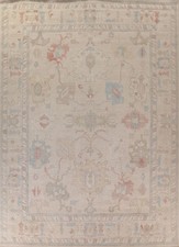 Hand Knotted Oushak Rug Beige Pink Blue Wool Area Carpet Turkish Vintage