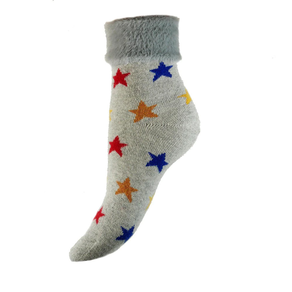 Comfort Cuff Socks Womens Luxurious Soft Wool Grey Multi Colour Stars Joya