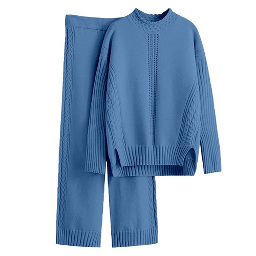 Women 2 Piece Outfits Long Sleeve Knit Pullover Sweater Top Wide Leg Pants Home - Picture 4 of 48