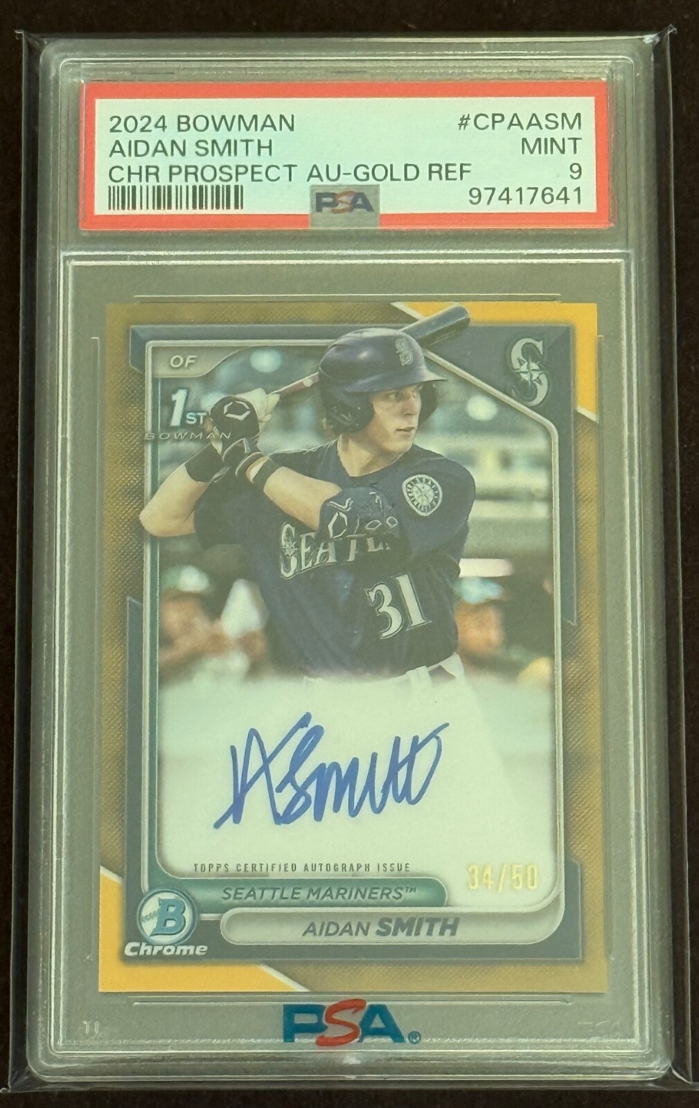 2024 Bowman Chrome Aidan Smith 1st Bowman True Gold Refractor Auto /50 PSA 9