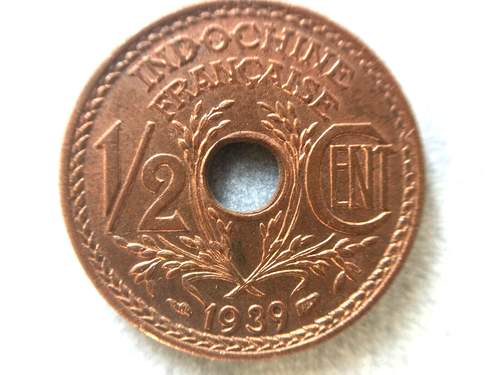 1939 French Indo China 1/2 Cent Coin Choice BU, Full RED Copper - Picture 2 of 10