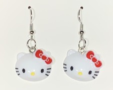 Silver Hello Kitty Red Bow Drop Dangle Earrings 