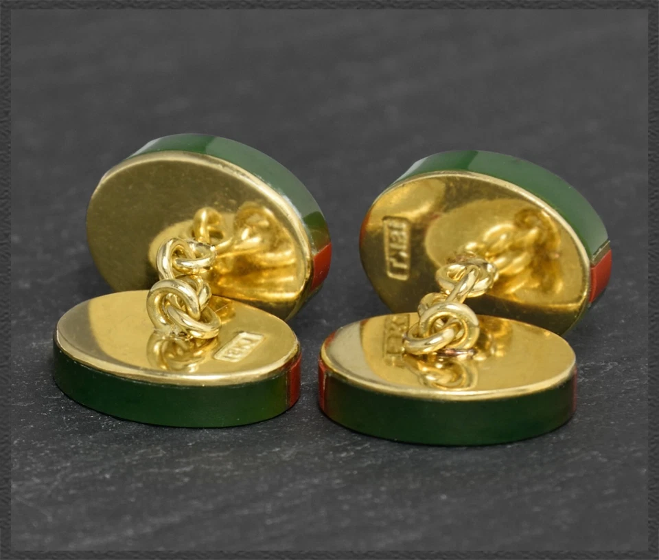 Manschettenknöpfe aus 750 Gold mit Achat, Nephrit & Gold Einlage, 18K Gelbgold - Bild 4 von 4