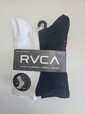 New RVCA Men's Half Cushion Crew Socks 6 Pack - Black & White Shoe Size 8-12.5