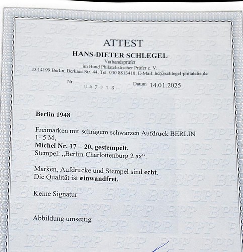 BERLÍN Michel Nº 17-20 EXCELENTE estampado central Charlottenburg nuevo certificado BPP - Imagen 2 de 4
