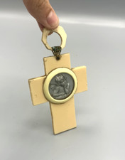 Médaille de berceau ancienne, croix religieuse en bakélite ange angelot