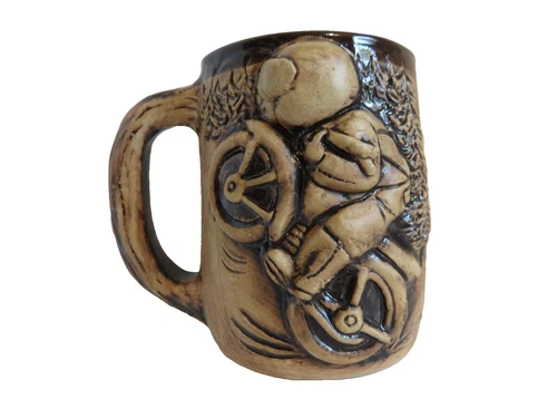 NA Eastman 1979 Man On Motorcycle 3D Pottery Stoneware Mug 20 oz 4.5" H x 3.25"W