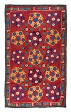 4.6x7 Ft Vintage Asian Suzani Wall Hanging, Silk Hand Embroidery Bed Cover