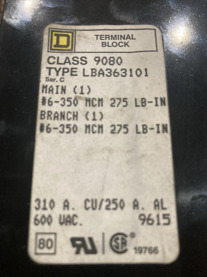 🇺🇸SQUARE D LBA363101, 9080 DISTRIBUTION BLOCK - Image 2 of 4