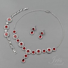 Women Simulated Ruby Cubic Zirconia Necklace Bracelet Earrings Jewelry Set Gift