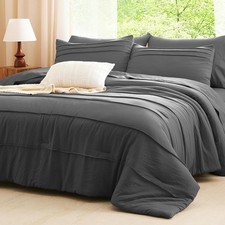 7 Pieces Queen Comforter Set Dark Grey Soft Pinch Pleat Bed in a Bag with Sheets