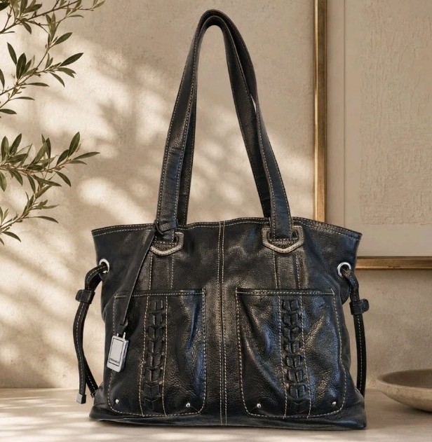 Tignanello Genuine Leather Black Shoulder Bag Handbag Purse Edgy Hobo EUC