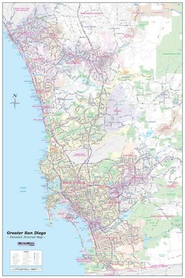 Greater SAN DIEGO California Wall Map Plain *Laminated* SMALL 24''x36''