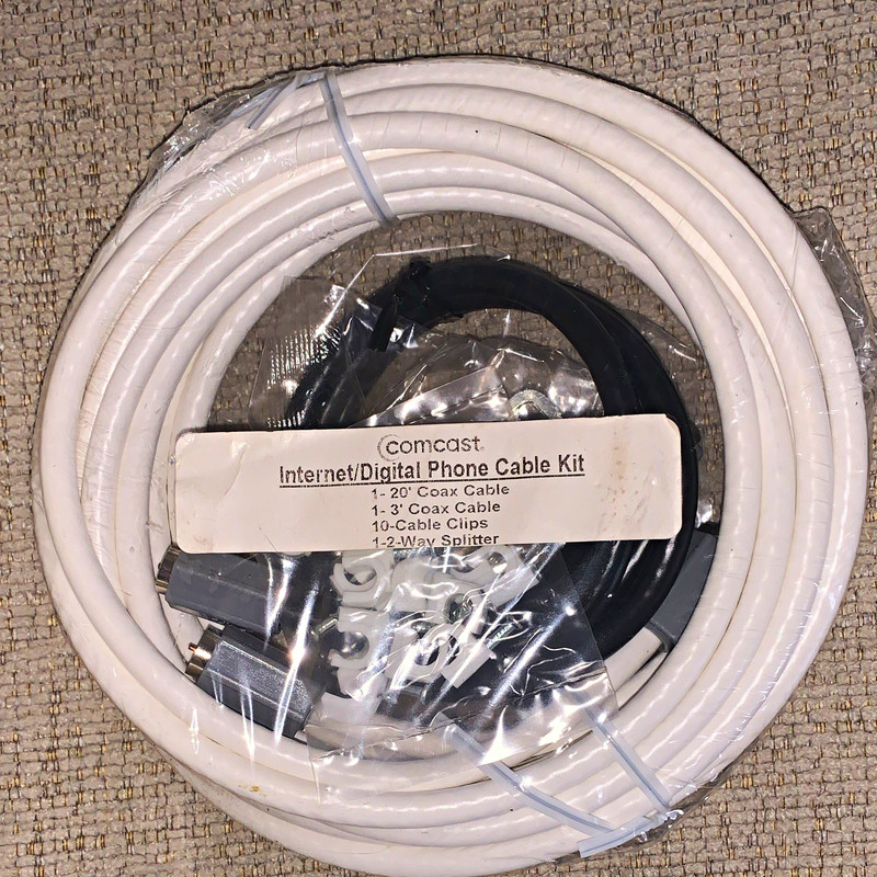 Comcast Cable Kit 20' & 3' Coax, Clips, Extreme BDS102H 2-Way Splitter